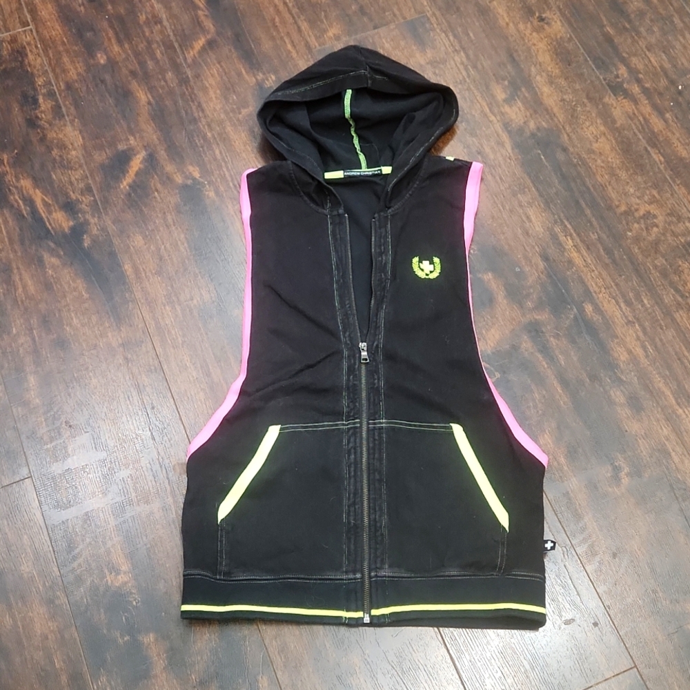 ANDREW CHRISTIAN Blaze SLEEVELESS HOODIE black neon Jacket zip sweatshirt S